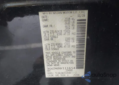 2016 Nissan Murano Platinum/S/Sl/Sv из США, поврежденный, VIN 5N1AZ2MG0GN111654